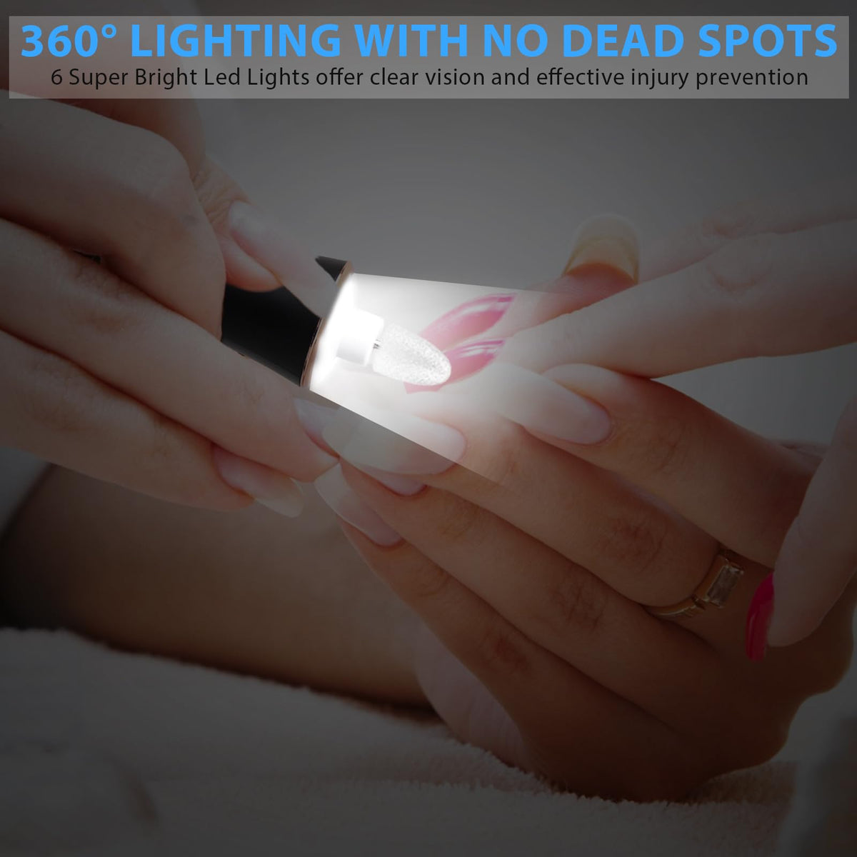 Close-up of Karrong nail drill's 360° LED lighting feature