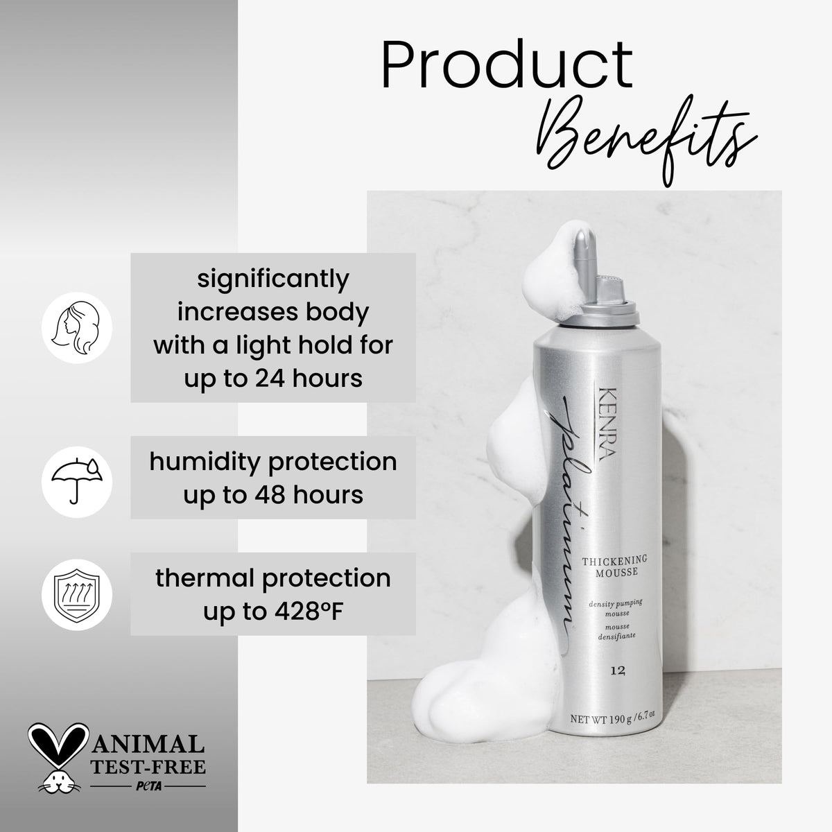 Close-up of Kenra Platinum Thickening Mousse 12 bottle with product label