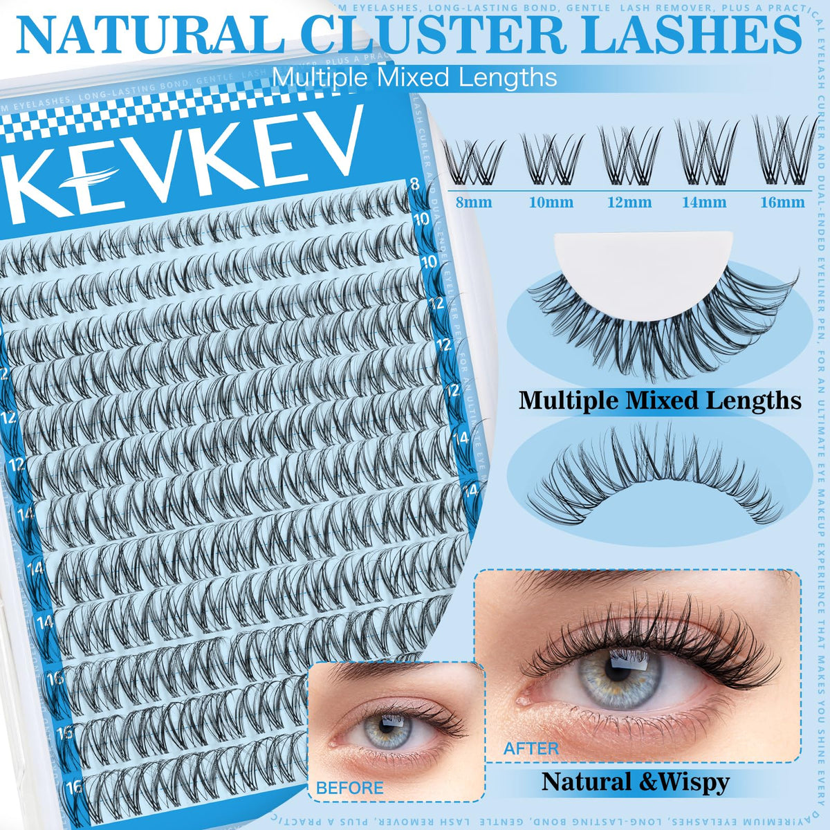 Close-up of KevKev Wispy Lash Clusters showing different lengths