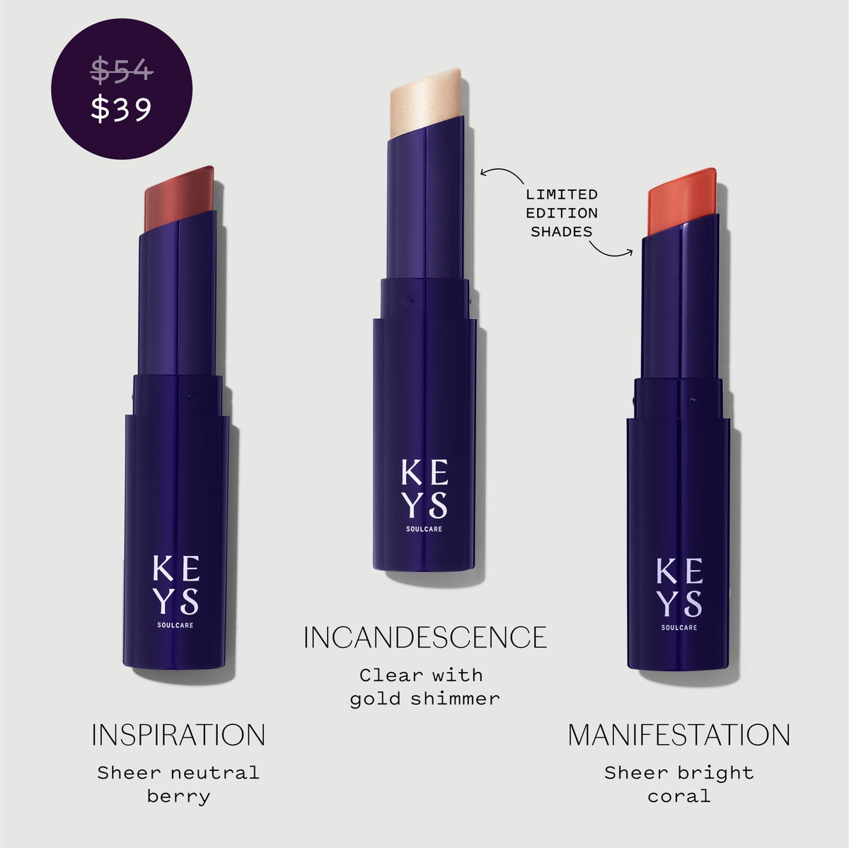 Close-up of Keys Soulcare tinted lip balms showing shades