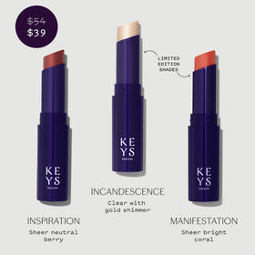 Close-up of Keys Soulcare tinted lip balms showing shades
