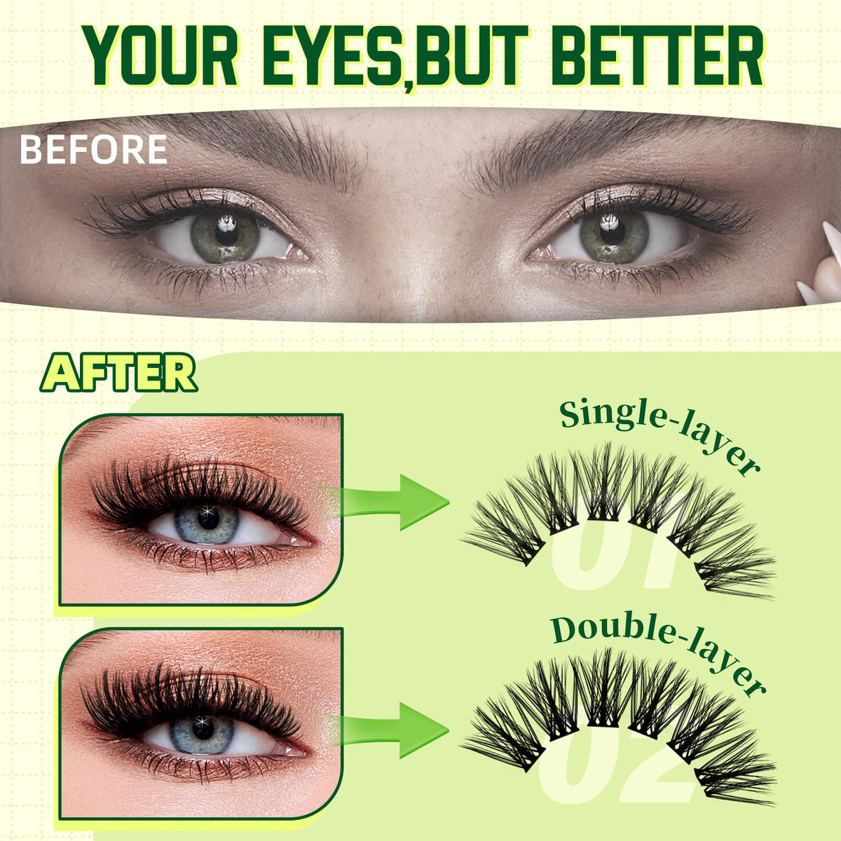 Close-up of KEYYOU cluster lashes in various lengths