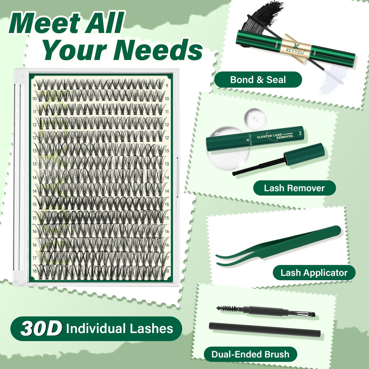 Close-up of KEYYOU false lashes in mixed lengths