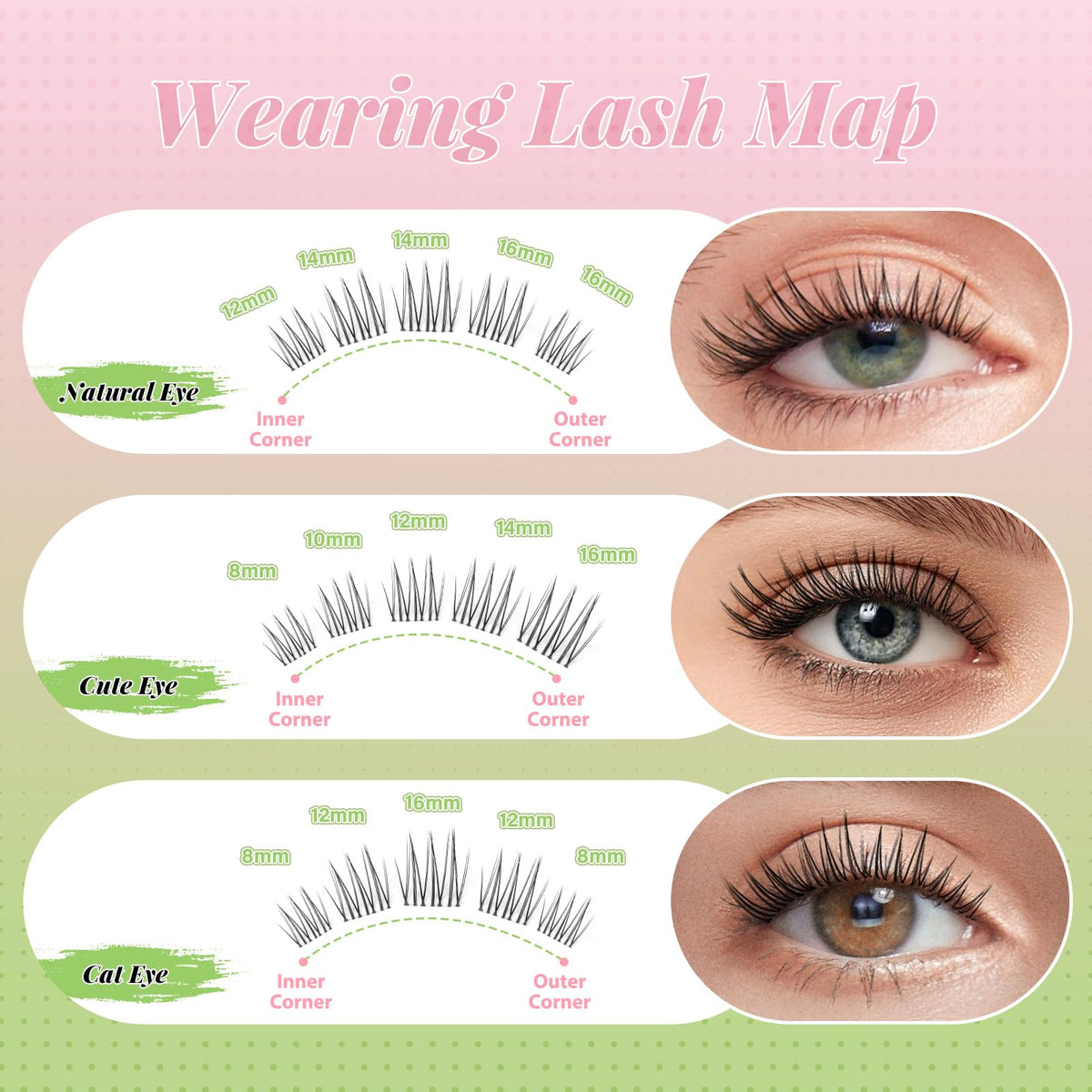Close-up of KEYYOU lash clusters in various sizes