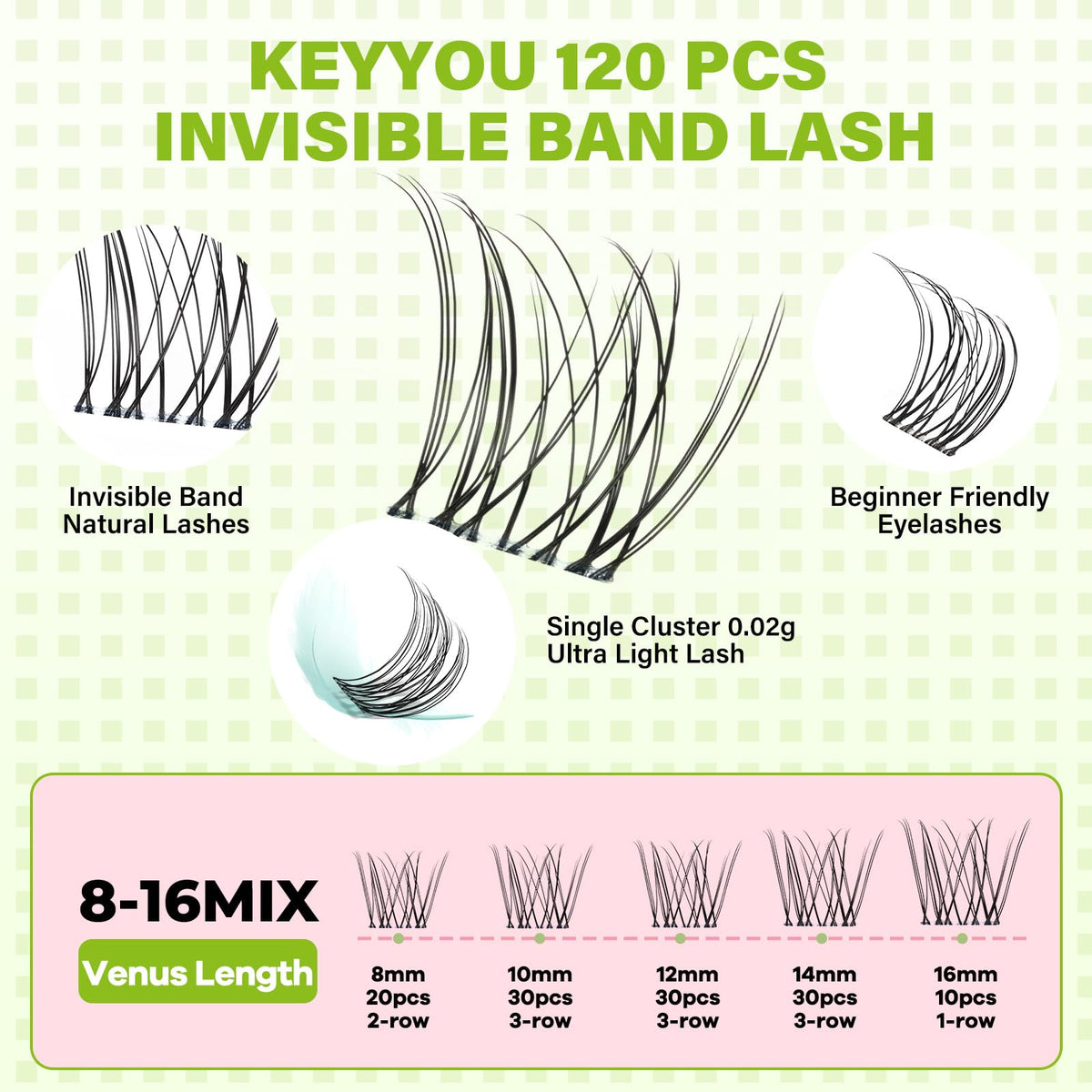 Close-up of KEYYOU lash clusters showing different lengths