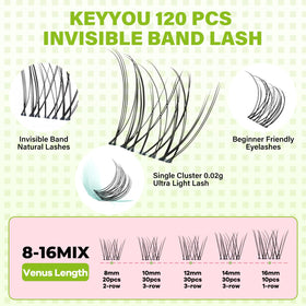 Close-up of KEYYOU lash clusters showing different lengths