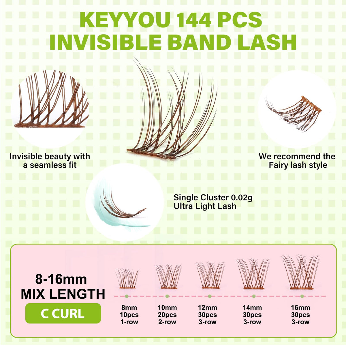 Close-up of KEYYOU lash clusters showing different lengths