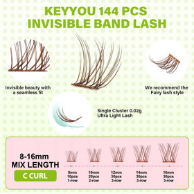 Close-up of KEYYOU lash clusters showing different lengths