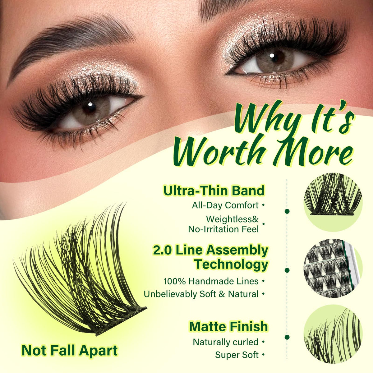 Close-up of KEYYOU lash clusters showing different lengths