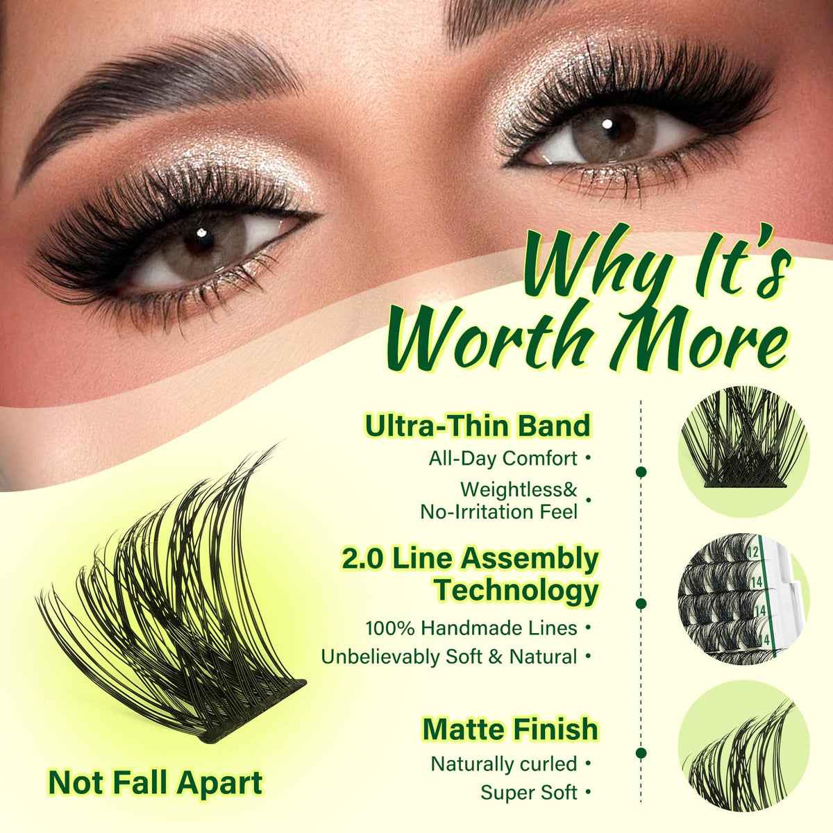 Close-up of KEYYOU lash clusters showing different lengths