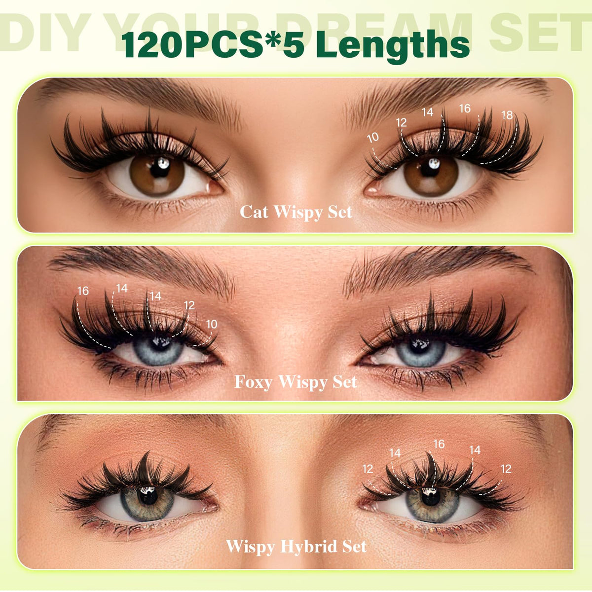 Close-up of KEYYOU lash clusters showing mixed lengths
