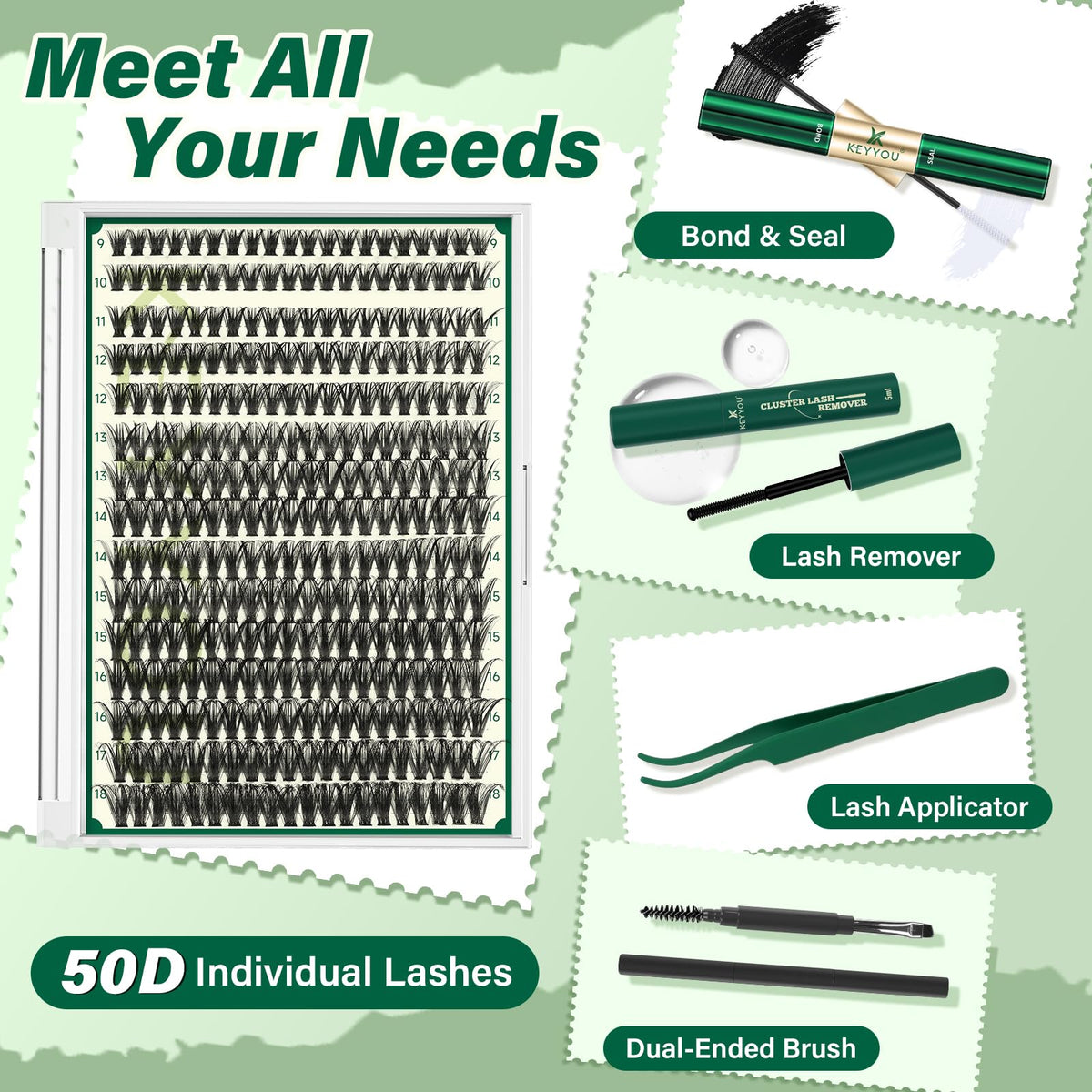 Close-up of KEYYOU Lash Extension Kit components including glue and tweezers