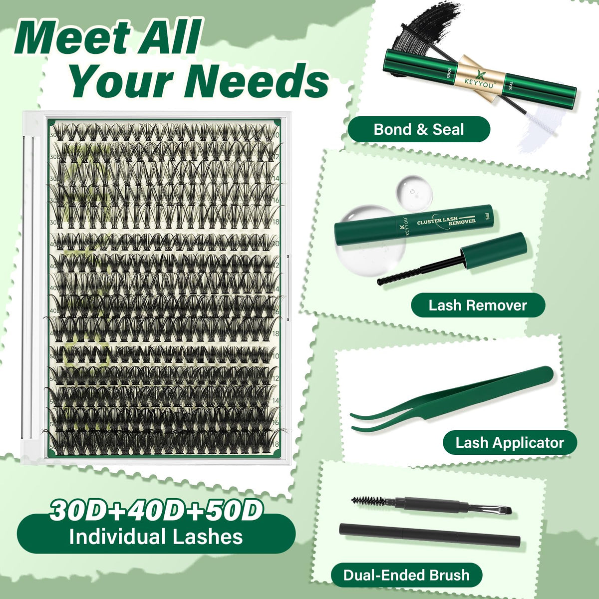 Close-up of KEYYOU lash strips showing length options