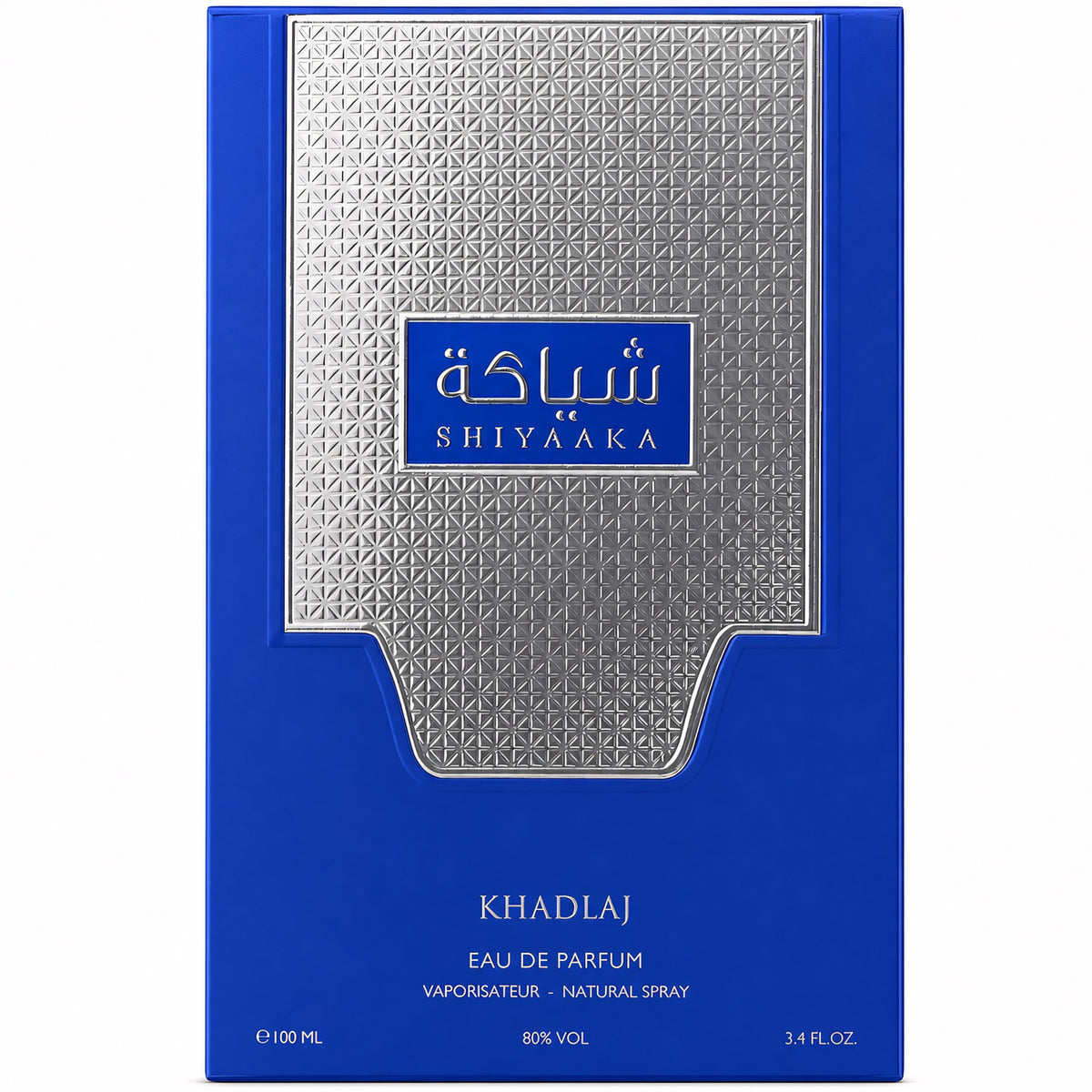Close-up of KHADLAJ Shiyaaka Blue Eau De Parfum bottle details