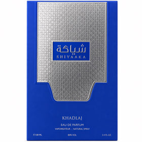 Close-up of KHADLAJ Shiyaaka Blue Eau De Parfum bottle details