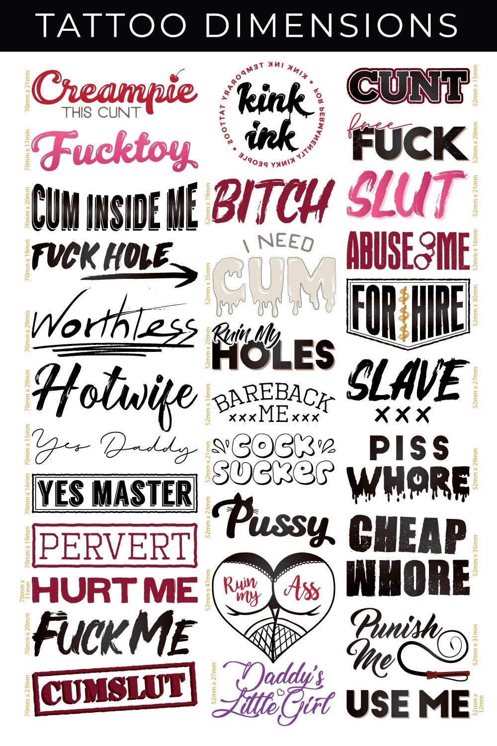Close-up of Kink Ink temporary tattoos with hardcore words