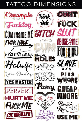 Close-up of Kink Ink temporary tattoos with hardcore words