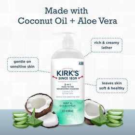 Close-up of Kirk's 3-in-1 Nourishing Cleanser pump dispensing product