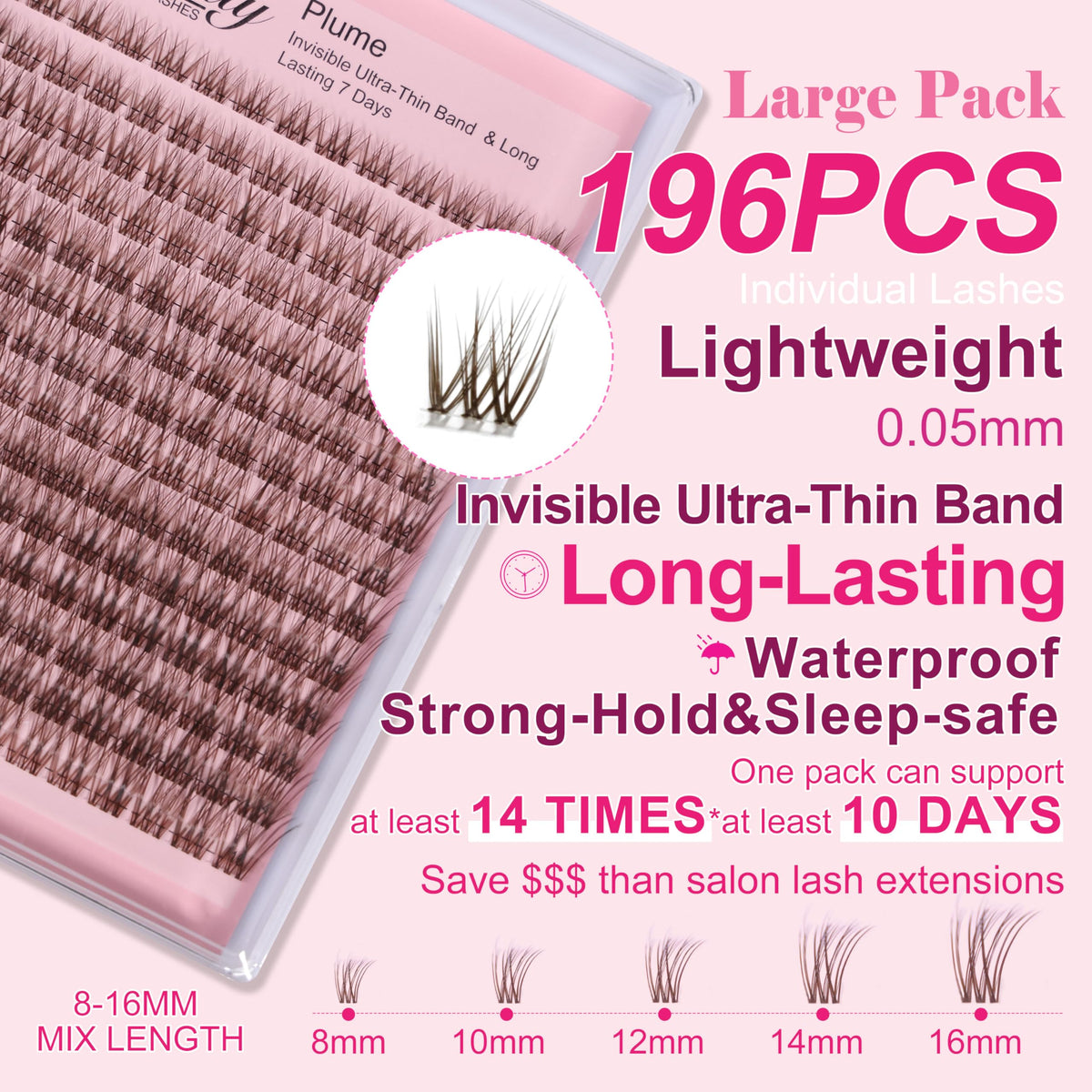 Close-up of Kisslily lash clusters showing various lengths