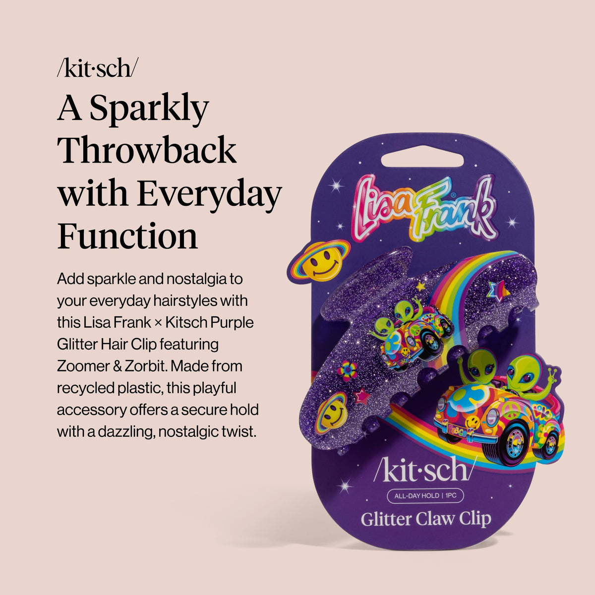 Close-up of Kitsch Glitter Hair Clip showing Zoomer and Zorbit characters