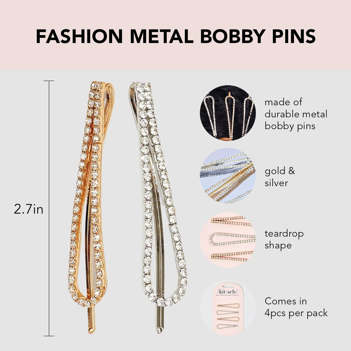 Close-up of Kitsch teardrop rhinestone bobby pin