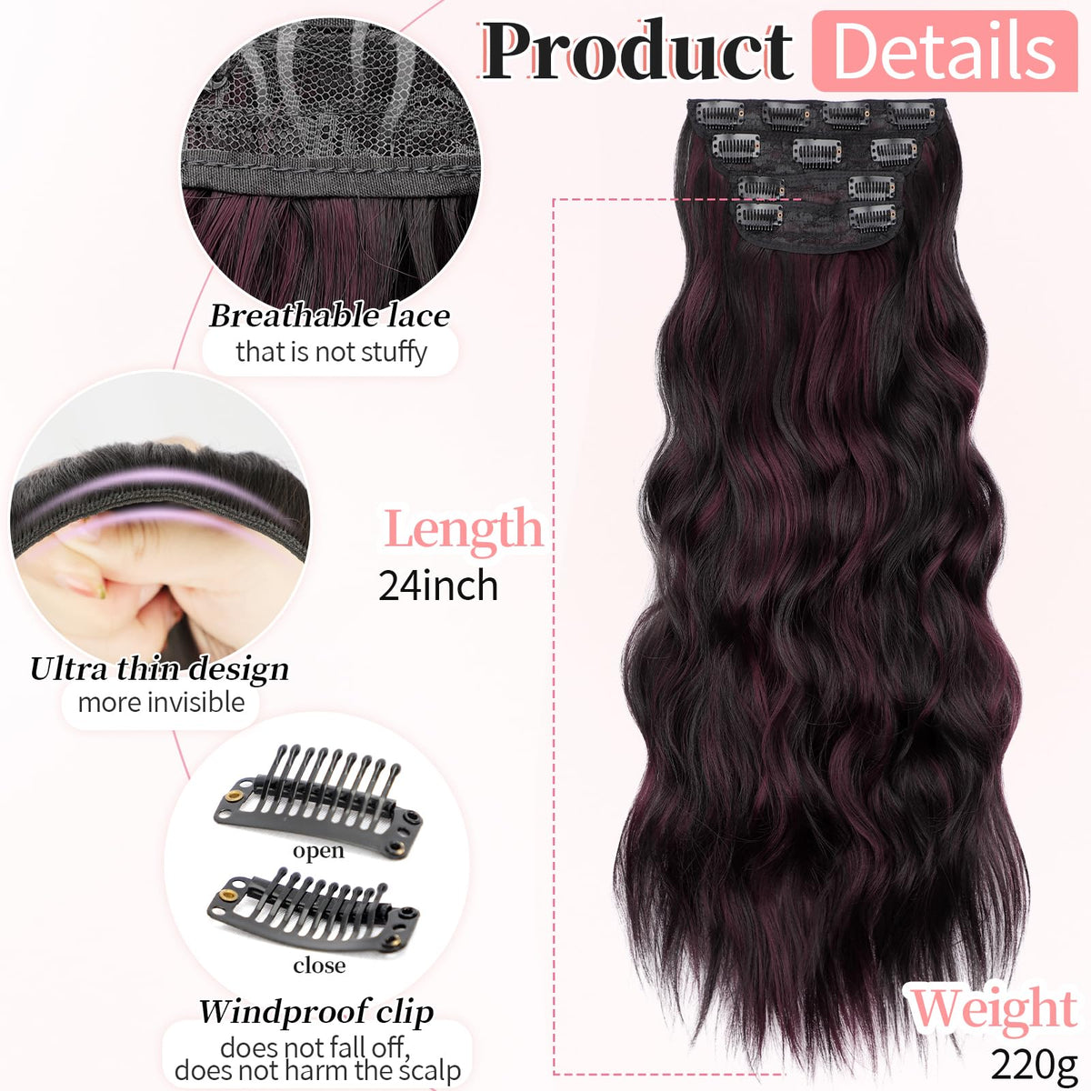 Close-up of KooKaStyle clip-in hair extensions with stainless steel clips