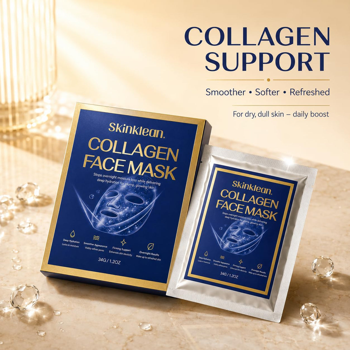 Close-up of Kymezol SkinKlean Collagen Face Mask packaging
