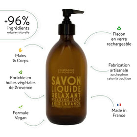 Close-up of La Compagnie de Provence Anise Lavender Liquid Soap pump dispenser