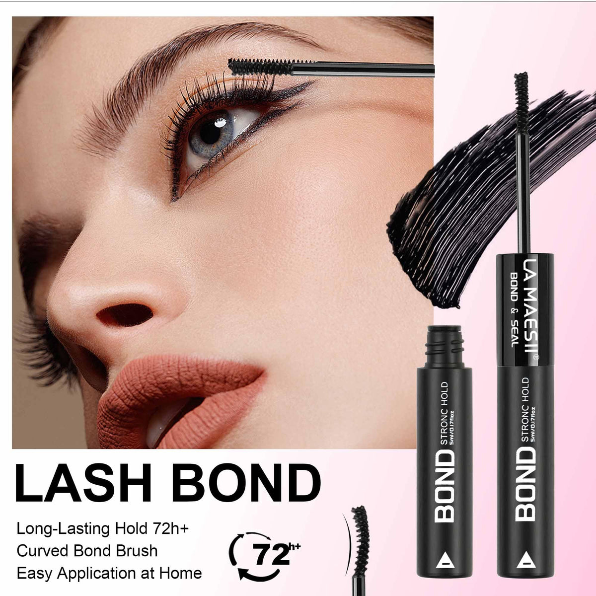 Close-up of La Maesii lash glue bottle and remover oil