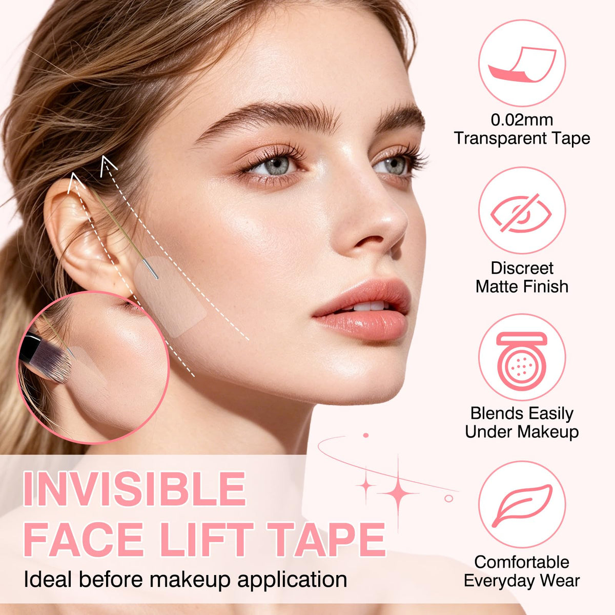 Close-up of LadPemo Face Lift Tape on skin showing transparency