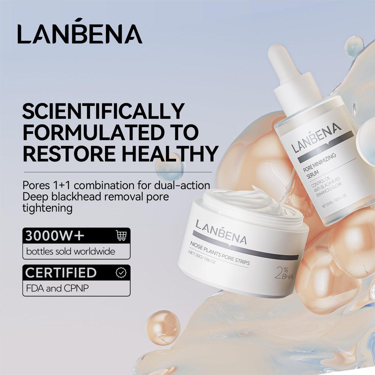 Close-up of LANBENA pore strips and serum bottles