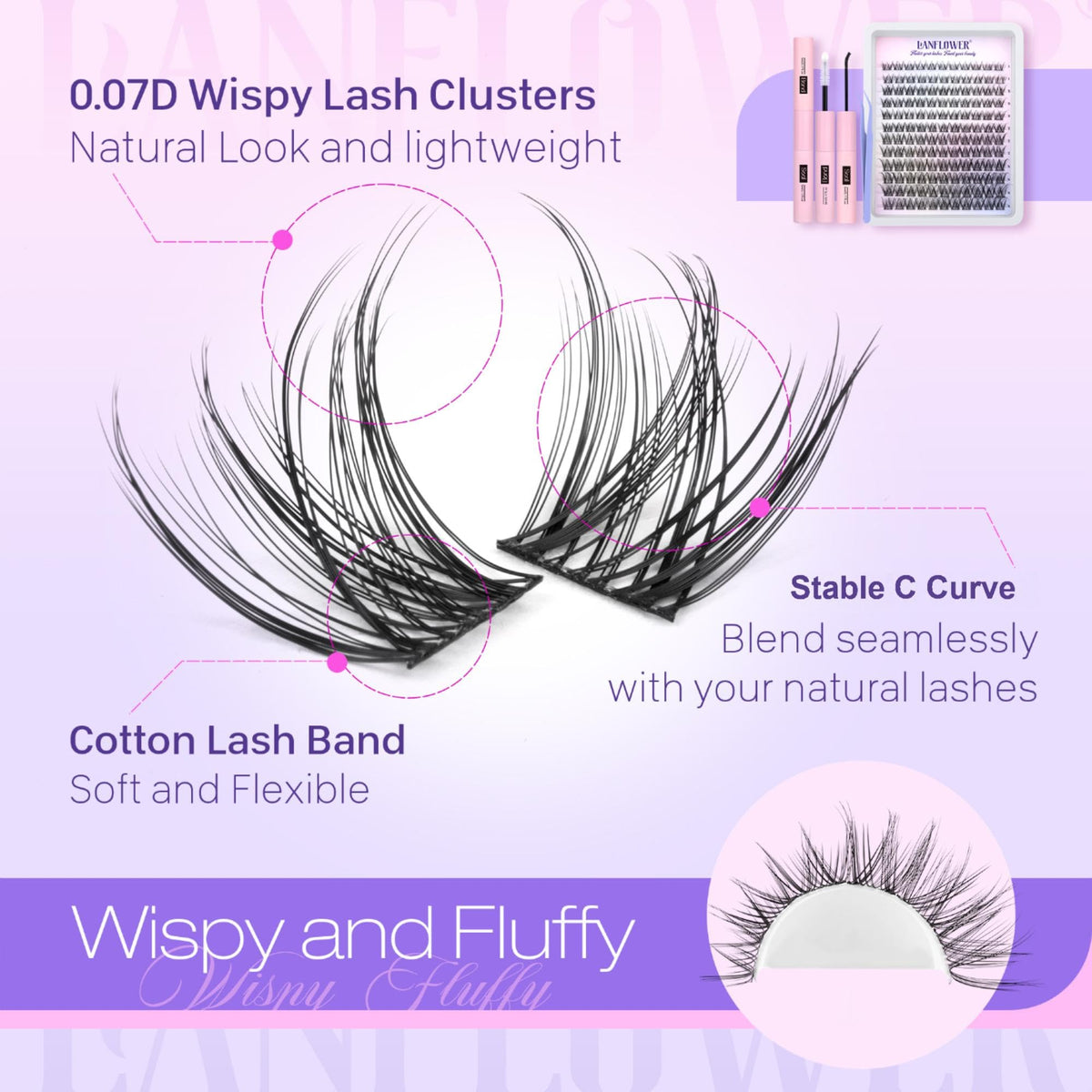 Close-up of LANFLOWER lash clusters showing wispy texture
