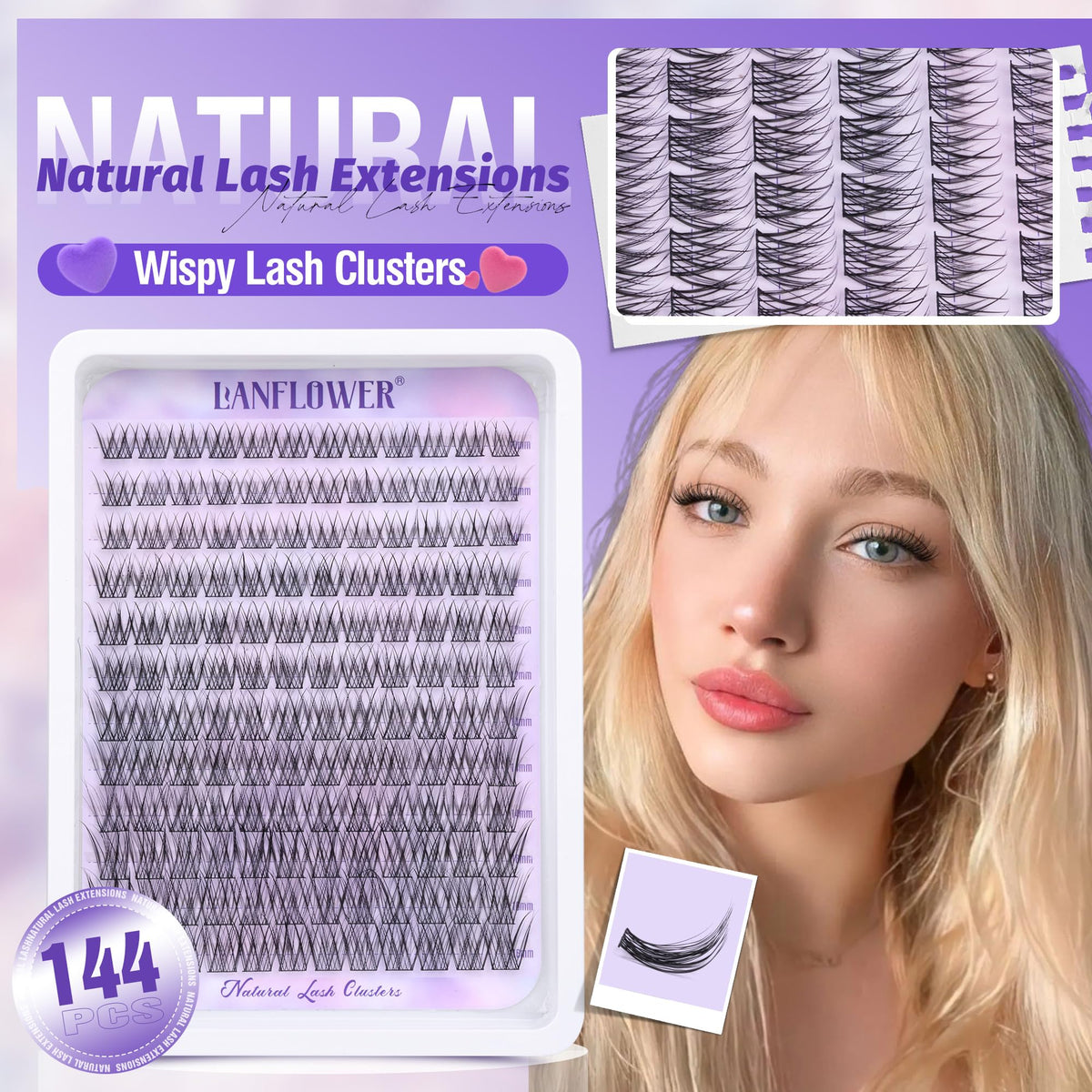 Close-up of LANFLOWER wispy lash clusters in various lengths