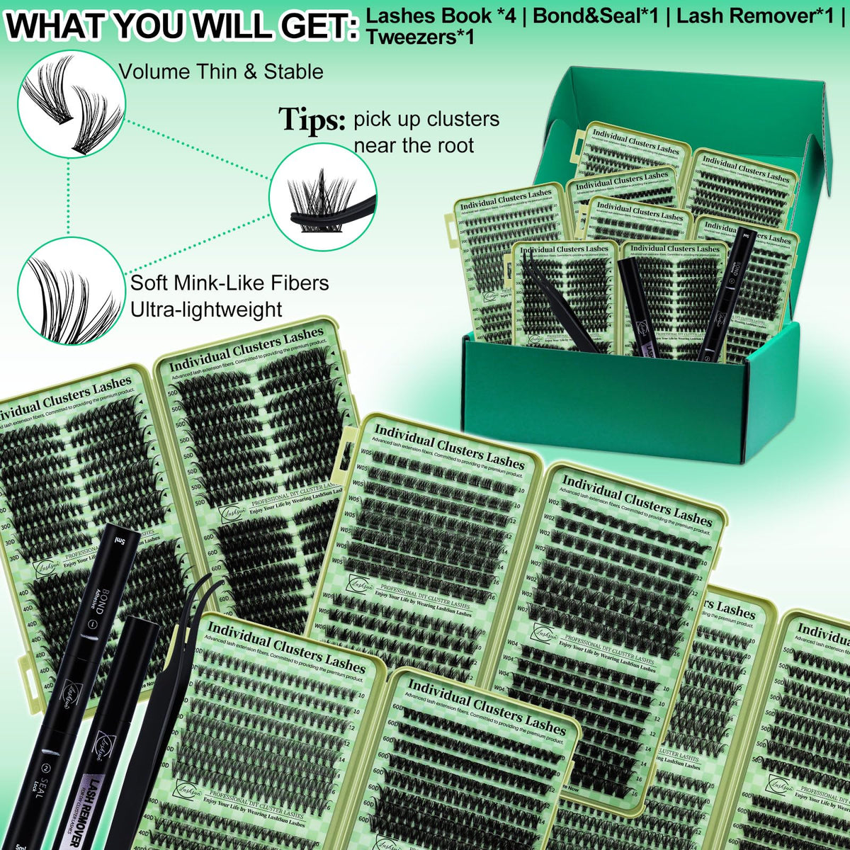 Close-up of LASHSUN cluster lashes in various styles