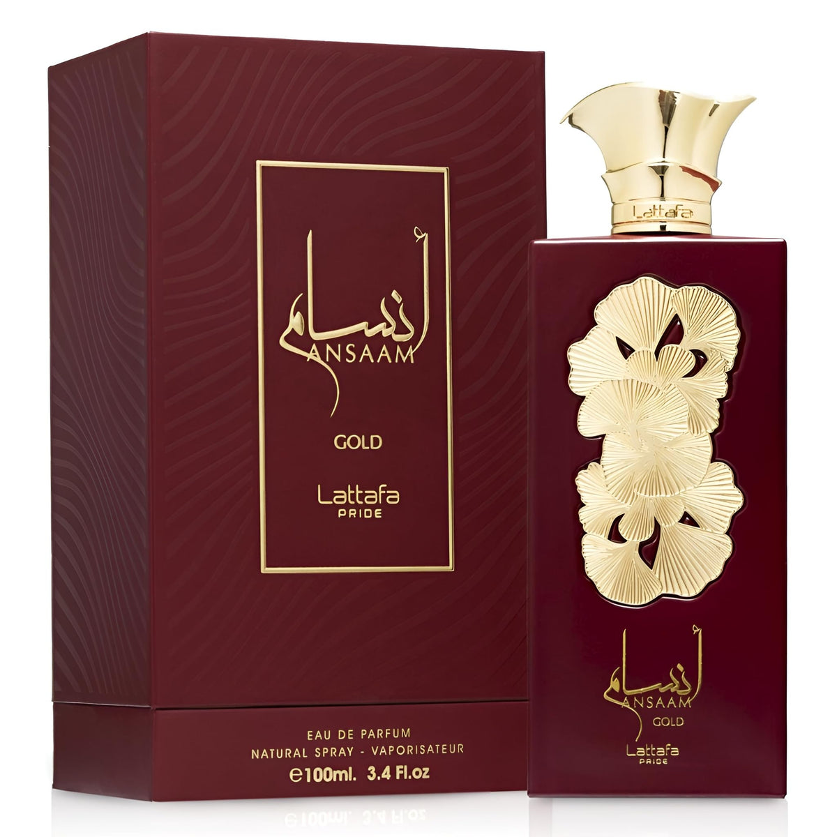 Close-up of Lattafa Ansaam Gold fragrance notes with pear and mandarin
