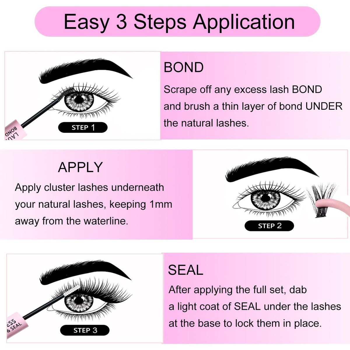 Close-up of LAUBESS cluster lashes in different sizes