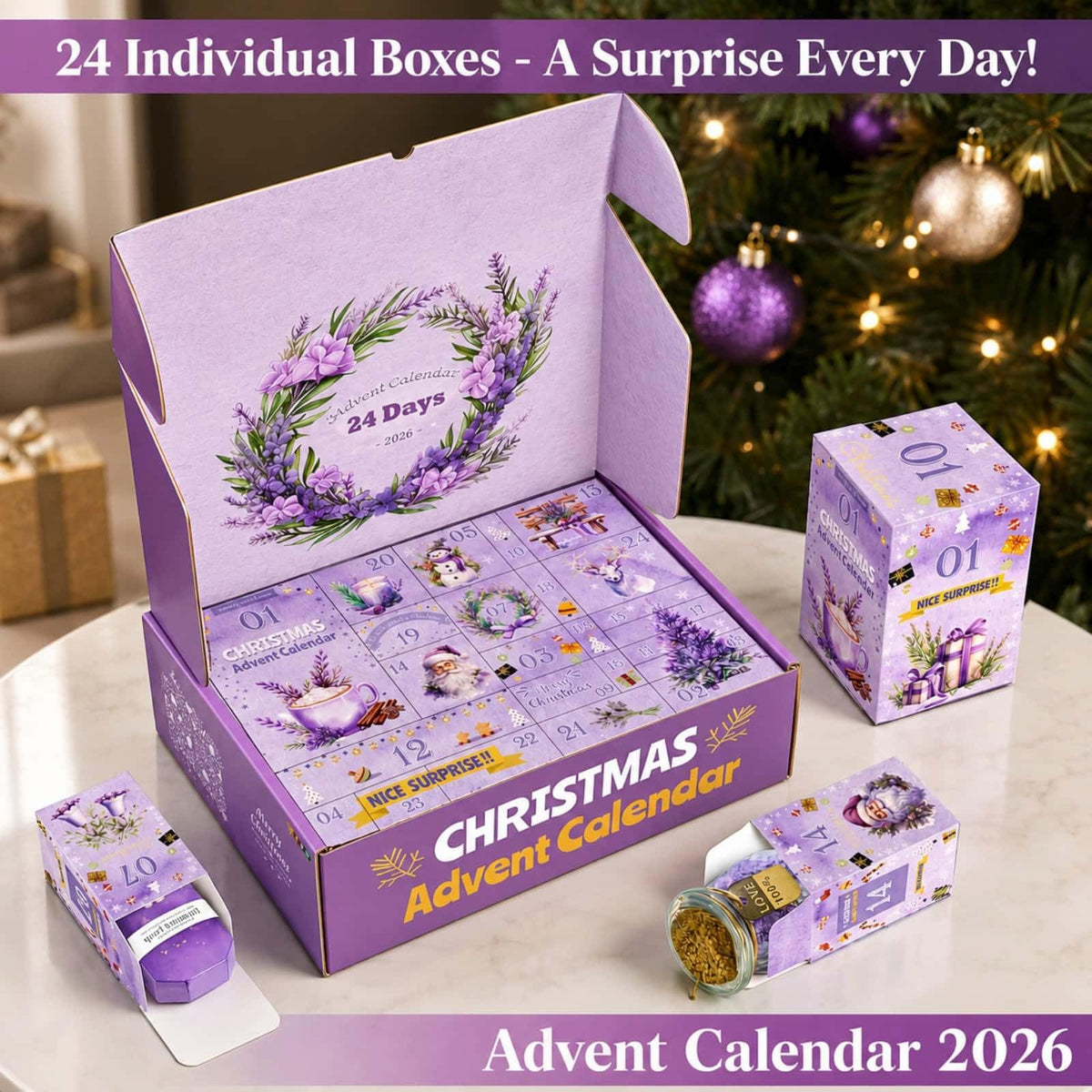Close-up of lavender shower steamers included in the calendar