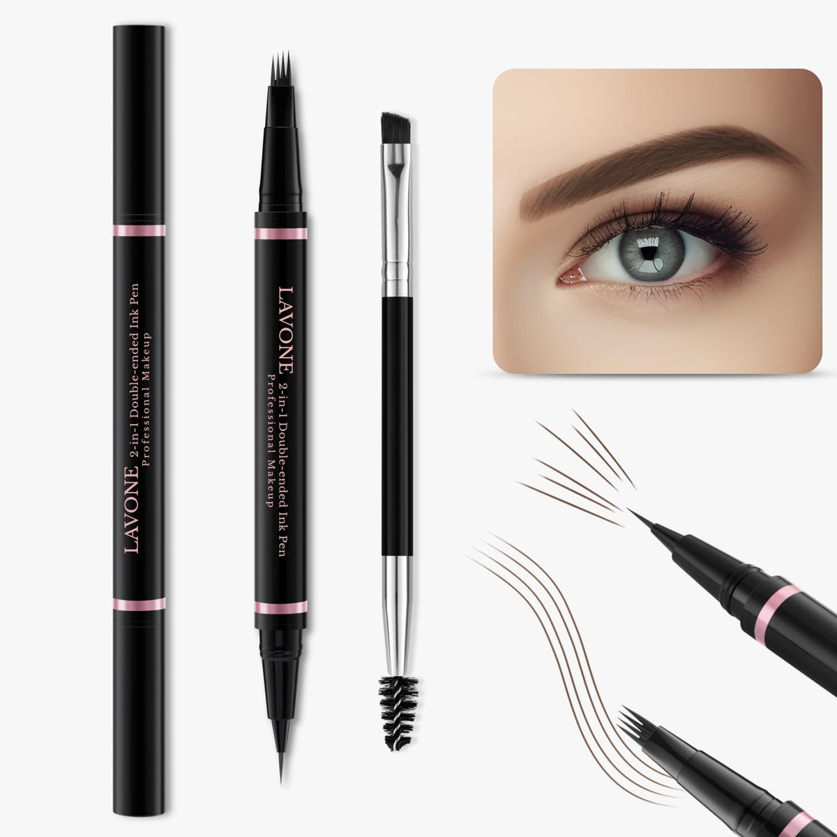 Close-up of LAVONE 2-in-1 eyebrow pencil in dark brunette