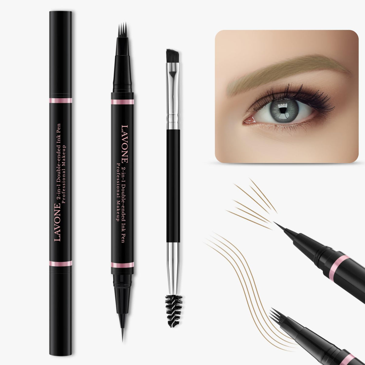 Close-up of LAVONE dual-ended eyebrow pencil showing microblading tip