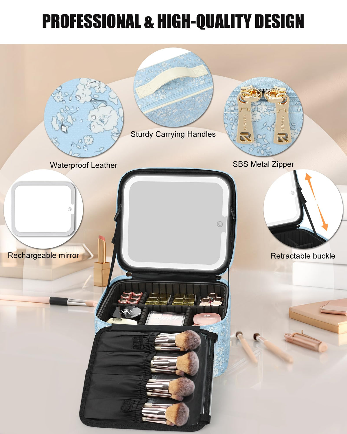 Close-up of LED mirror in Relavel Travel Makeup Bag