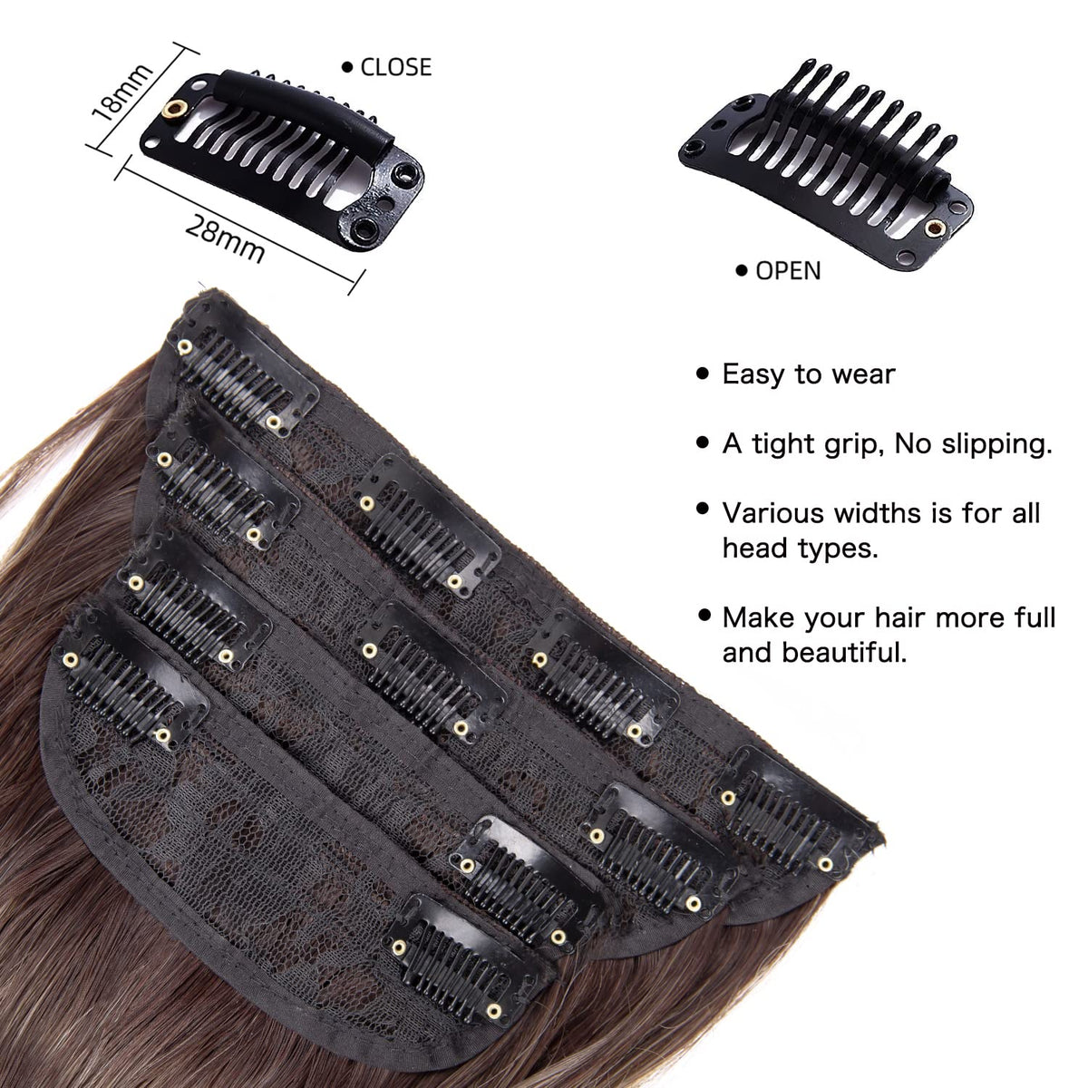 Close-up of LEEONS clip in hair extensions showcasing the strong clips