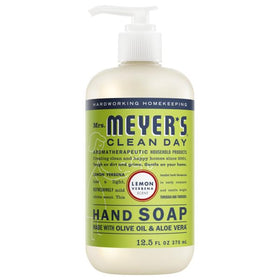Close-up of Lemon Verbena liquid hand soap bottle from Mrs. MEYER'S