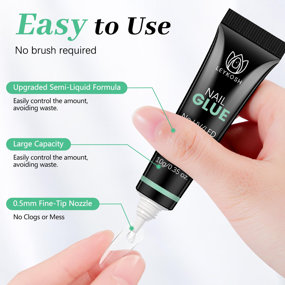 Close-up of LEYKOSH nail glue application on nails