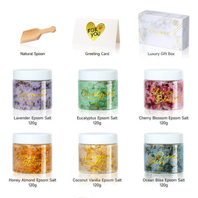 Close-up of LILY ROY Epsom salts with rose petals