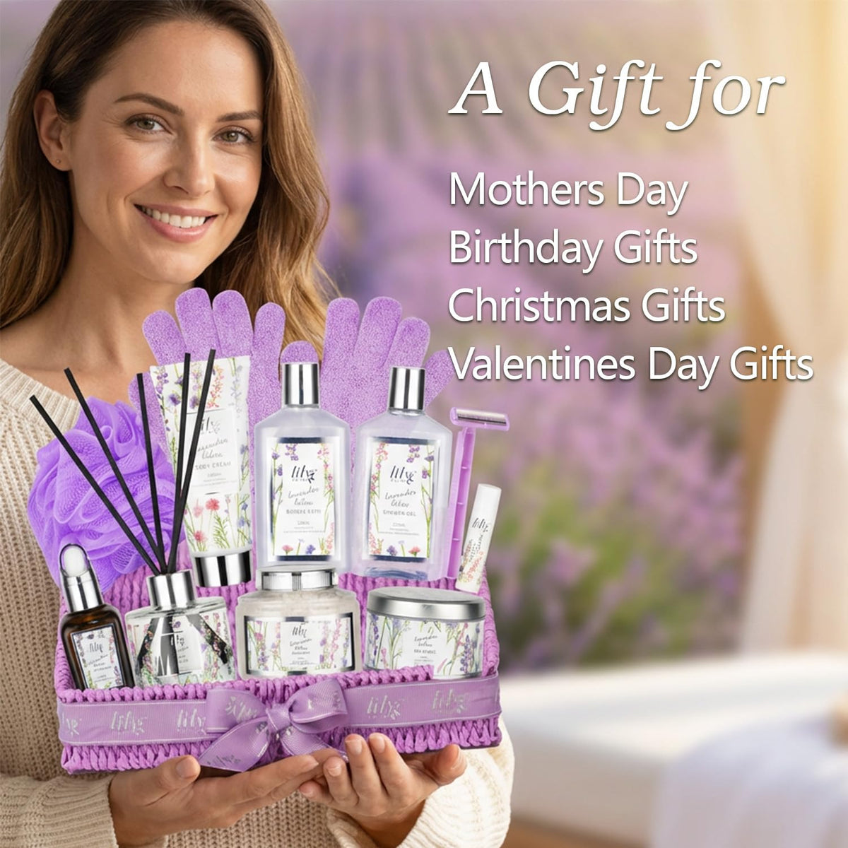 Close-up of LILY ROY shower gel and body cream in spa gift set