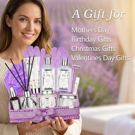 Close-up of LILY ROY shower gel and body cream in spa gift set