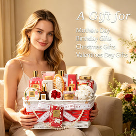 Close-up of LILY ROY shower gel and body lotion from the spa gift set