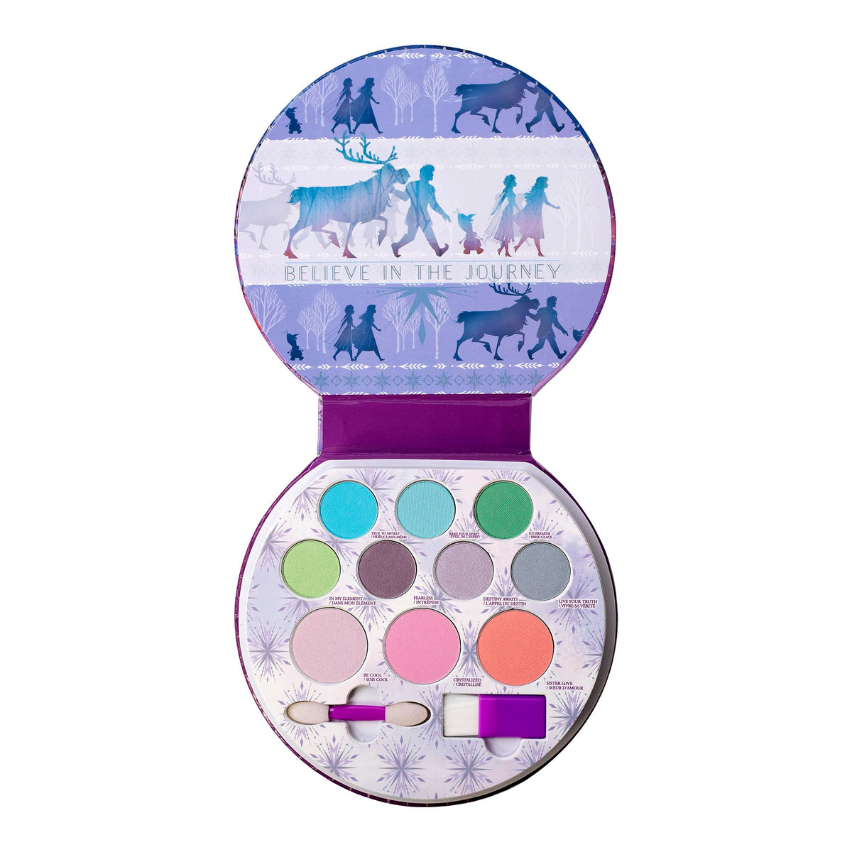 Close-up of Lip Smacker Frozen 2 eyeshadow shades in palette