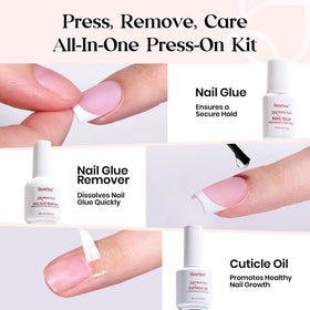 Close-up of long square French tip nails in the Beetles kit