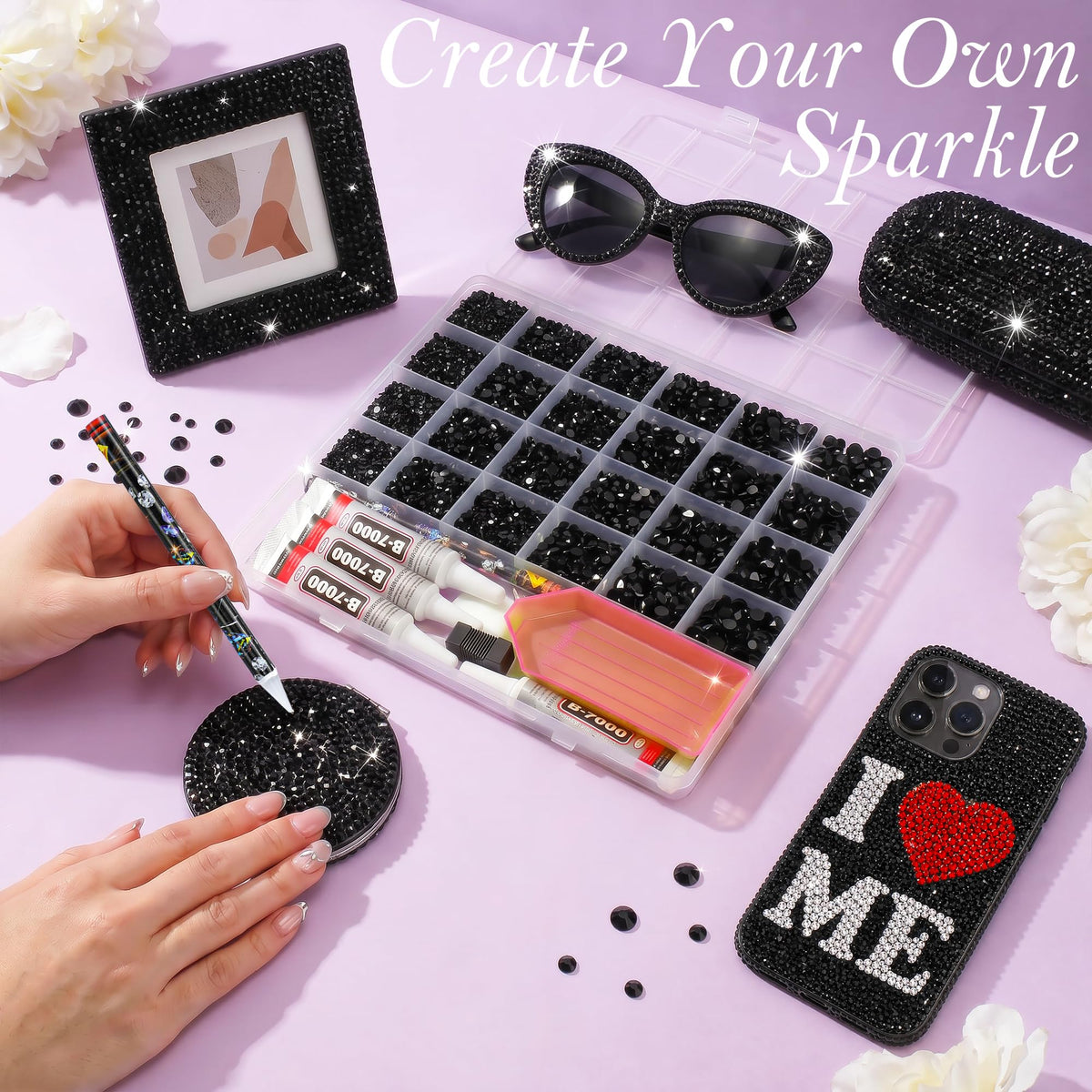 Close-up of LOTWOW rhinestone picker tool and accessories